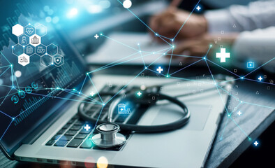 .Healthcare business graph data and growth, Insurance Healthcare. Doctor analyzing medical of business report and medical examination with network connection on laptop screen. - obrazy, fototapety, plakaty