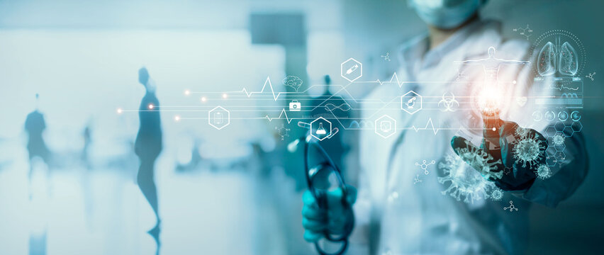 Healthcare and medicine, Covid-19, Doctor touching and diagnose virus and Human Lungs with coronavirus spread inside on modern virtual interface screen, Innovation and Medical technology. - Powered by Adobe
