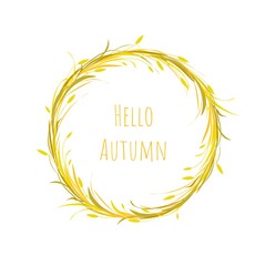 Autumn wreath with gold ears of wheat, barley or rye, blades of grass and flowers.