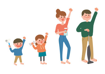 大掃除がんばるぞと気合を入れる家族のイラスト