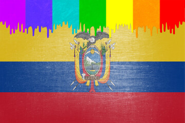 Paint (rainbow flag) is dripping over the national flag of Ecuador