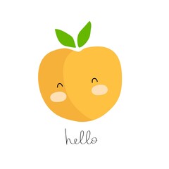 hello. cartoon peach, hand drawing lettering. Colorful flat vector illustration. design for prints, posters, cards