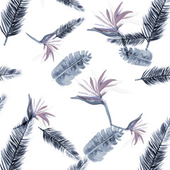 Blue Pattern Plant. Navy Tropical Texture. Azure Floral Leaves. Gray Flora Painting. White Decoration Leaves. Indigo Wallpaper Design. Cobalt Spring Plant.