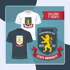 T-shirts decorative icons set with college university golden lion labels vector illustration