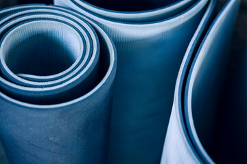 Top view of blue yoga mat . close up