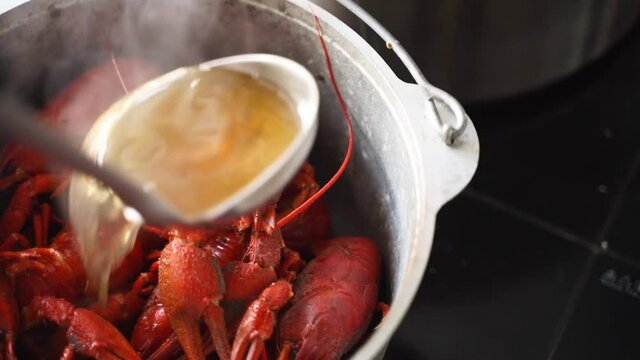 Steamed lobster seafood in a pot. Boiled red crayfish steaming in a pan, Chef serving luxury sea food dish poiring it with hot bouillon from laddle. Steam in slow motion.