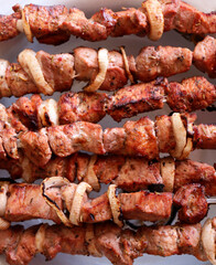 Kebabs on skewers prepared on charcoal grill, grilled meat, grilled food, shashlik
