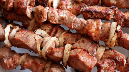 Kebabs on skewers prepared on charcoal grill, grilled meat, grilled food, shashlik