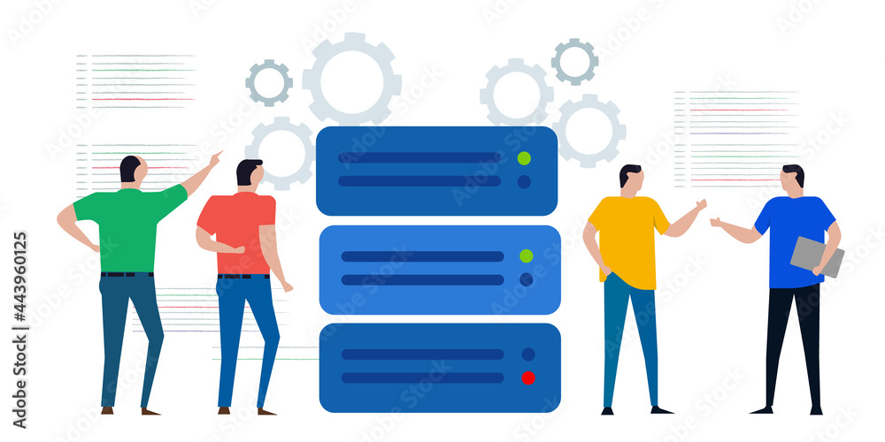 Poster group of engineer prepare maintain server data center mainframe for storage web mining infrastructur