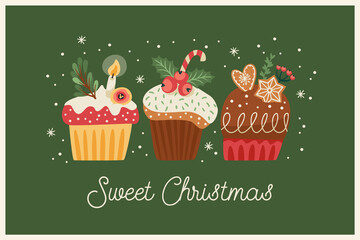 Christmas and Happy New Year illustration with christmas sweets. Vector design template.