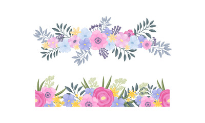 Fototapeta na wymiar Floral Border of Lush Blooming Flowers as Decorative Vector Composition Set