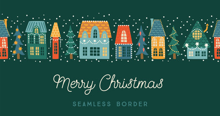 Christmas and Happy New Year seamless border. City, houses, Christmas trees, snow.. Vector design template.