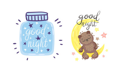 Cute Pictures with Good Night Inscription for Nursery Vector Set
