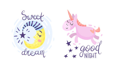 Cute Pictures with Good Night and Sweet Dreams Inscription for Nursery Vector Set