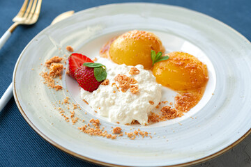Cottage cheese and canned apricots, healthy breakfast