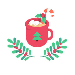 Mug with hot cocoa or coffee with candy cane, marshmallow and holly branch. For Christmas greeting cards, web banners, party posters