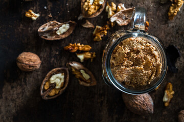 Delicious homemade breakfast with oats, almonds and hazelnuts. Concept