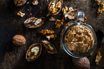Delicious homemade breakfast with oats, almonds and hazelnuts. Concept