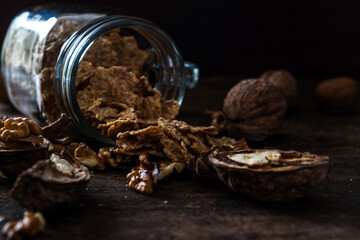 Delicious homemade breakfast with oats, almonds and hazelnuts. Concept