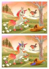 Spot the differences. Two images with six changes between them, vector and cartoon illustrations