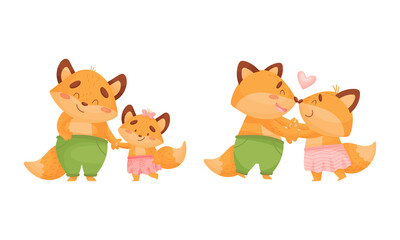 Happy Fox Family with Mother and Father Dancing and Walking with Little Cub Vector Set