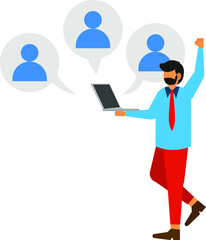 employees holding a laptop with the network, flat illustration vector graphic