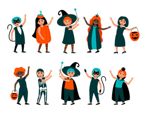 Set of isolated boys and girls in Halloween costumes. Cute carnival costumes for kids on Halloween of cat, sorcerer, skeleton, vampire, pumpkin. Happy Halloween. Flat vector illustration.