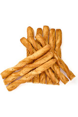 Crunchy bread sticks, cheese sticks, isolated on white background. High resolution image.