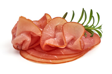 Prosciutto slices, isolated on white background. High resolution image.