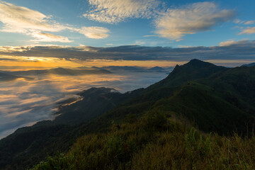 Naklejka na ściany i meble Panorama view sea of fog on the mountain at dawn in the north of Thailand 