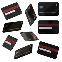 3d black credit card, presented from the front and back in different angles, isolated on white background, 3d illustration