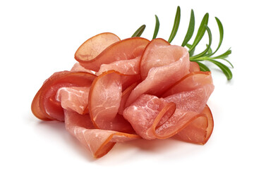 Prosciutto slices, isolated on white background. High resolution image.