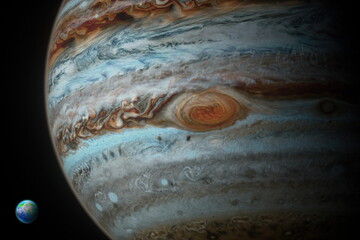 Jupiter Earth Cosmic Space Contrast with the Great Red Spot Gas Planet Solar System 3D rendering © jeffery