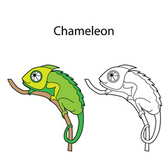 Funny animal chameleon isolated on white background. Cute reptile. Linear, contour, black and white and colored version. Illustration can be used for coloring book and pictures for children © Anna Tyukhmeneva