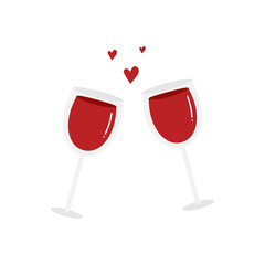 Couple of glasses of red wine with hearts for dating, romantic dinner design. Vector cartoon style illustration.
