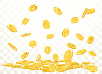 Gold coins explosion banner, isolated on transparent background