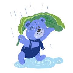 Naklejka premium Cute teddy bear in the rain. Hand draw full color vector illustration for postcards, design.