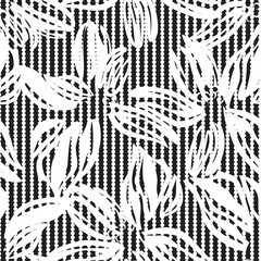 Black and White Floral Seamless Pattern with striped Background