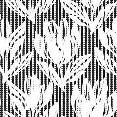 Black and White Floral Seamless Pattern with striped Background