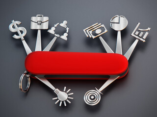 Technology icons connected to Swiss knife. 3D illustration