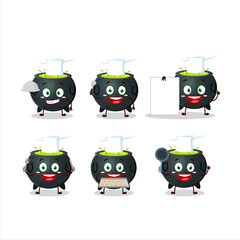 Cartoon character of witch cauldron with various chef emoticons