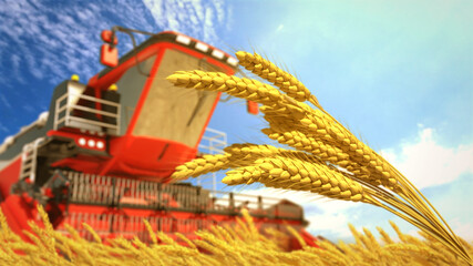 grain harvester on rye field on sunny day , fictional design conceptual industrial 3D illustration