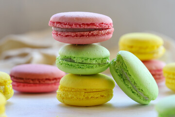 multicolored macaroon cakes. red, green, yellow macaroons. Close-up macaron