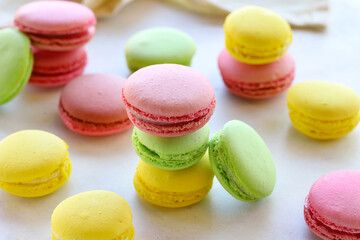 multicolored macaroon cakes. red, green, yellow macaroons. Close-up macaron