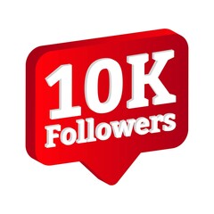 3D, 10K follower celebration floater. Thanksgiving for 10K followers vector illustration. Metallic red color 10K follower badge celebration with love shape.