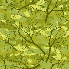 Hunting camouflage pattern with tree branches. Mosquito uniform. Vector.