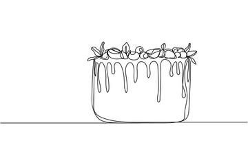 Continuous one line of cake for birthday ​concept in silhouette on a white background. Linear stylized.Minimalist