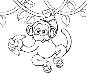 Monkey Singing On Jungle Vines With Banana Cartoon