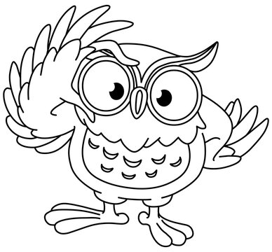 Owl touching his glasses. Vector line art illustration coloring page.