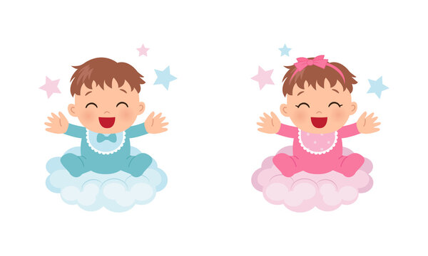 Cute baby sit on the cloud. Baby gender reveal boy or girl. Flat vector cartoon design